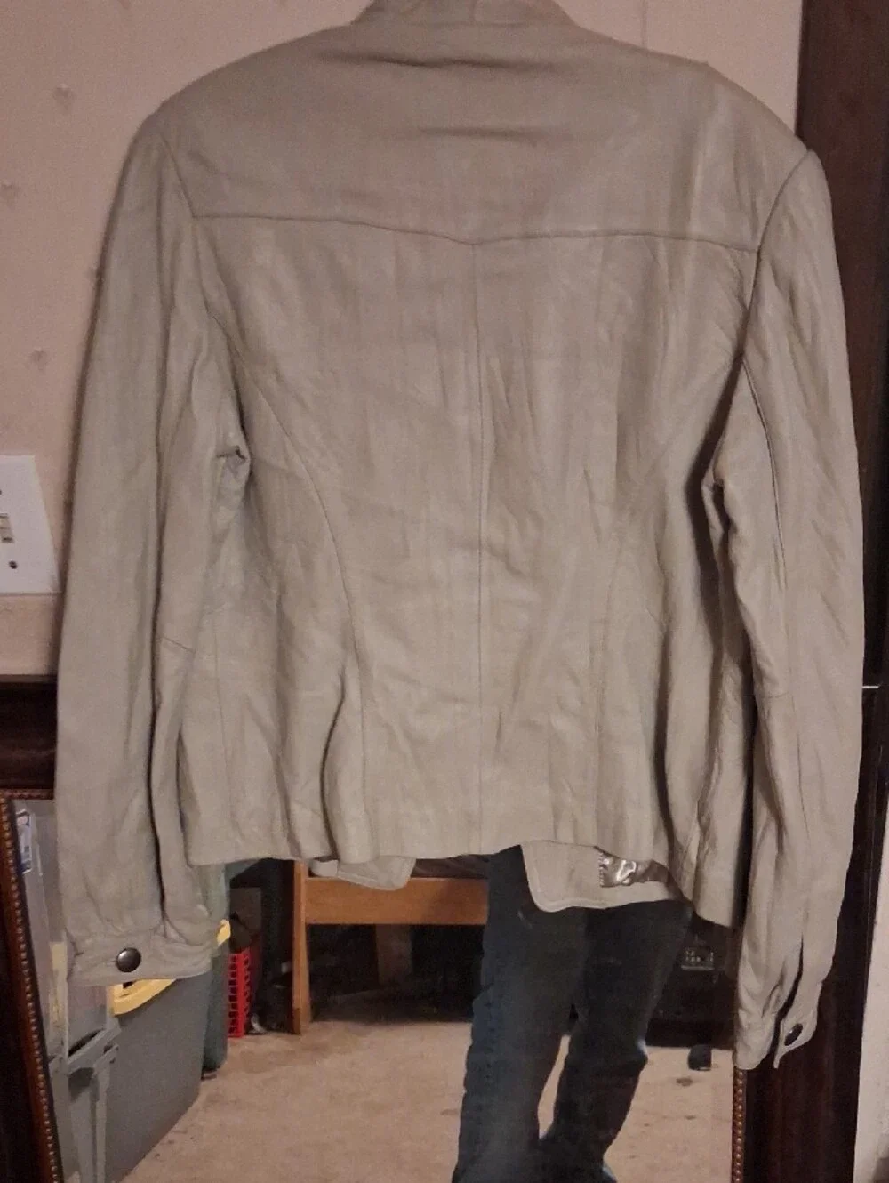 Womens Light Gray Leather Jacket - Classic Pocket Blazer